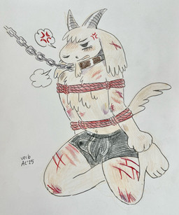 2_horns angry anthro bdsm black_boxer_briefs black_clothing black_nose black_underwear blood bodily_fluids bondage bound boxer_briefs boxer_briefs_only breath bruised bruised_knee bulge chain chain_leash chained clothed clothed_anthro clothed_male clothing collar cross-popping_vein detailed_bulge ear_tuft facial_piercing floppy_ears fur furgonomic_piercing furgonomics genital_outline grey_horn horn leash leashed_collar lop_ears male male_anthro muzzle_piercing nose_piercing open_mouth penis_outline piercing red_rope restraints rope rope_bondage scar solo submissive submissive_anthro submissive_male tail tan_body tan_fur tan_tail tears tenting topless tuft underwear underwear_only wounded birdpaw_(artist) bovid caprine goat mammal 2025 5:6 colored_pencil_(artwork) full-length_portrait hi_res portrait traditional_media_(artwork)