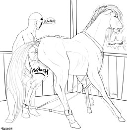 anus bestiality bodily_fluids bound butt dialogue duo ejaculation erection female female_feral female_on_human feral fisting genital_fluids genitals hobbled hooves human_on_feral humanoid_genitalia humanoid_penis interspecies legs_tied looking_pleasured male male/female male_on_feral motion_lines nude open_mouth orgasm penetration penis precum quadruped rear_view restraints scrunchy_face shaking shivering sound_effects speech_bubble spread_legs spreader_bar spreading standing teats text vaginal vaginal_fisting vaginal_fluids vaginal_penetration vaginal_squirting vein veiny_penis backlash91 conditional_dnp anon crimson_(backlash91) equid equine horse human mammal black_and_white digital_drawing_(artwork) digital_media_(artwork) english_text hi_res line_art monochrome signature story story_at_source unavailable_at_source