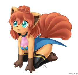 all_fours anthro anthrofied biped blue_eyes breasts clothed clothed_anthro clothed_female clothing cute_fangs digitigrade fangs female female_anthro hair kneeling leotard looking_at_viewer open_mouth pokemorph red_hair simple_background small_breasts solo teeth ryuma210 nintendo pokemon ema_(ryuma210) generation_1_pokemon pokemon_(species) vulpix hi_res