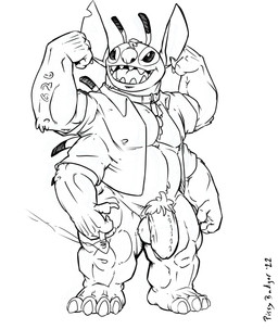 4_arms 4_fingers 4_toes antennae_(anatomy) anthro anthrofied back_spines balls biped body_hair bottomless bottomless_anthro bottomless_male chest_hair cigarette claws clothed clothing collar dipstick_antennae feet finger_claws fingers flaccid flexing genitals head_tuft holding_cigarette holding_object looking_at_viewer male multi_arm multi_limb multicolored_antennae musclegut muscular nipple_outline notched_ear open_clothing open_mouth open_shirt open_smile open_topwear penis pubes shirt simple_background smile solo tattoo toes topwear tuft white_background pissy_badger disney lilo_and_stitch himbo_stitch stitch_(lilo_and_stitch) alien experiment_(lilo_and_stitch) 2022 black_and_white hi_res monochrome