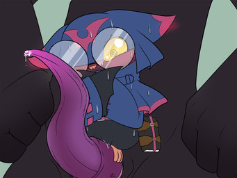 anthro big_penis black_body black_fur blush bodily_fluids bottomless bottomless_anthro clothed clothing cowl curved_penis duo erection eyewear female fur genital_fluids genitals glasses huge_penis jacket male male/female penile penis penis_riding precum size_difference sweat topwear vulva wings roguemorpho bandai_namco digimon pipstrello chiropmon digimon_(species) sunflowmon 4:3 hi_res