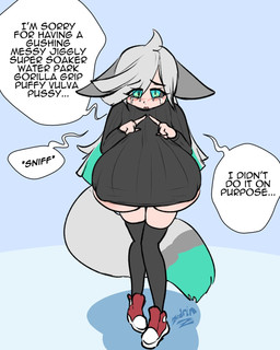 areola big_breasts big_tail blush blush_lines bodily_fluids breasts clothing crying dialogue explicit_text female green_eyes green_highlights grey_hair grey_sclera hair highlights_(coloring) huge_breasts multicolored_hair shadow solo speech_bubble sweater tail tears text topwear under_boob zedrin fuyumi_(zedrin) animal_humanoid canid canid_humanoid canine canine_humanoid fox_humanoid humanoid mammal mammal_humanoid 4:5 english_text hi_res signature