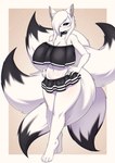 anthro big_breasts black_sclera blue_eyes breasts canid canine collar dipstick_tail female fox fur hair hands_on_hips hi_res isha_aito mammal markings multicolored_tail solo tail tail_markings tailzkim under_boob white_body white_fur white_hair