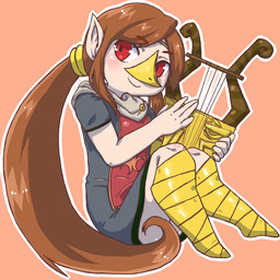 beak blush brown_hair clothed clothing dress female flat_chested hair happy holding_object long_hair lyre musical_instrument orange_background plucked_string_instrument ponytail red_eyes simple_background sitting smile solo string_instrument chiji nintendo the_legend_of_zelda wind_waker medli animal_humanoid avian avian_humanoid humanoid rito rito_humanoid 1:1 full-length_portrait portrait