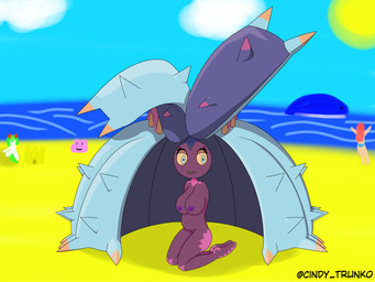 anthro beach female genitals kneeling nipples nude purple_body sea vulva water cindy_(trunko) nintendo pokemon ditto_(pokemon) generation_1_pokemon generation_3_pokemon generation_7_pokemon human kirlia mammal pokemon_(species) toxapex wailmer 4:3 hi_res