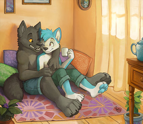 anthro black_claws black_nose black_pawpads blue_body blue_bottomwear blue_clothing blue_fur blue_hair blue_pawpads blue_shorts bottomwear claws clothed clothing container cup curtains duo fur grey_body grey_fur hair holding_container holding_cup holding_object hug inside male mouth_closed open_mouth pawpads plant plant_pot potted_plant red_eyes short_hair shorts sitting topless white_body white_fur yellow_eyes young young_anthro young_male pandapaco canid canine mammal
