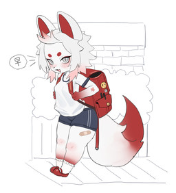 anthro backpack biped black_nose blush clothed clothing eyebrows female fingers footwear fur grey_eyes multicolored_body multicolored_fur multicolored_tail red_body red_tail school_backpack shoes solo tail tongue white_body white_tail jingzhou14848 canid canine fox mammal absurd_res hi_res