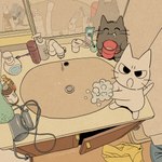 ambiguous_gender bathroom container cup duo eyes_closed feral mug washing_hands mojacookie shikaruneko_(series) amayakasuneko shikaruneko domestic_cat felid feline felis mammal hi_res official_art