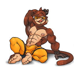 5_toes abs anthro arm_support armpit_hair barefoot biped bodily_fluids body_hair bottomwear brown_body brown_fur bulge clothed clothing cosplay cum erection erection_under_clothing eyewear feet fur genital_fluids genitals gloves goggles hand_behind_head handwear light_body light_skin looking_at_viewer male navel nipples pants penis precum precum_through_clothing simple_background smile solo sweat teeth toes tongue tongue_out topless wet wet_clothing white_background goblintown blizzard_entertainment overwatch tracer_(overwatch) haplorhine mammal monkey primate 1:1 hi_res
