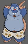 anthro bed belly blue_body clothing eyewear furniture glasses lying male navel overweight overweight_male red_nose solo underwear anicrossbear the_human_heart_(game) dylan_ramos eulipotyphlan mammal mole_(animal) 2021 hi_res