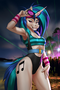 1980s_theme 5_fingers accessory anthro anthrofied belt bikini bikini_bralette blue_hair breasts clothing cropped_tank_top crowd cutie_mark exercise eyebrows eyewear female fingers glasses grin group hair hair_over_shoulder hand_on_leg hand_on_own_leg hand_on_own_thigh hand_on_thigh headband holding_eyewear holding_glasses holding_object horn lights musical_note musical_symbol night one-piece_swimsuit outside palm_tree plant purple_eyes raised_eyebrow shirt sling_bikini smile solo_focus sunglasses sweatband swimwear symbol tank_top topwear tree two-piece_swimsuit waist_belt water workout workout_clothing mykegreywolf friendship_is_magic hasbro my_little_pony mythology vinyl_scratch_(mlp) equid equine mammal mythological_creature mythological_equine unicorn 2020 2:3 absurd_res hi_res