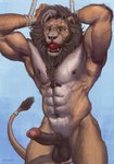 abs accessory anthro ball_gag balls biceps bodily_fluids body_hair bound brown_hair brown_mane brown_penis cheek_markings chest_hair chest_tuft dark_hair erection eyebrows facial_markings forehead_gem fur furgonomics gag gagged gem genitals glans grey_body grey_eyes grey_fur grey_hair hair half-closed_eyes head_markings humanoid_genitalia humanoid_penis jewelry looking_at_viewer male mane mane_hair markings multicolored_penis muscular muscular_anthro muscular_male narrowed_eyes navel nipples nude open_mouth pecs penis pink_glans pink_nose raised_arm rope saliva saliva_string scar simple_background solo standing tail tail_accessory tail_jewelry tail_tuft teeth tuft two_tone_penis whiskers white_body white_fur yellow_body yellow_fur epic_soul ajax_darkmane felid lion mammal pantherine digital_media_(artwork) hi_res