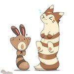 >w< ambiguous_gender blush bodily_fluids brown_body brown_fur duo exclamation_point eyes_closed feral fur fur_markings markings pawpads pink_pawpads rabbit_ears shaking simple_background standing sweat tan_body tan_fur white_background tontaro nintendo pokemon furret generation_2_pokemon pokemon_(species) sentret 2024 2d_animation animated digital_media_(artwork)