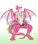 3_toes 4_wings anthro arrow_pointing_to_crotch balls bodily_fluids choker claws directional_arrow dragon_fruit feet food fruit genital_fluids genitals green_eyes green_tongue hair hands_behind_back horn humanoid_genitalia humanoid_penis jewelry male multi_wing navel necklace penis pink_body plant precum sign simple_background sitting solo tail text toes tongue tongue_out white_background white_hair wings shoguru european_mythology mythology pitt_(organization1337) dragon fruit_dragon mythological_creature mythological_scalie reptile scalie western_dragon 2019 english_text hi_res