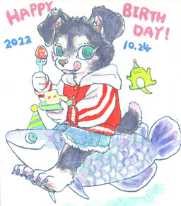 ambiguous_gender anthro birthday cake clothing cutlery dessert female feral food fork fruit fur kemono kitchen_utensils licking licking_lips plant solo strawberry text tongue tongue_out tools young young_anthro kyokyota canid canine canis domestic_dog mammal 2022 hi_res traditional_media_(artwork)