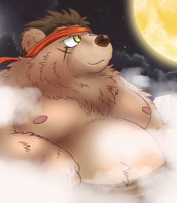 anthro bathing brown_body brown_fur detailed_background fur kemono male moobs moon night nipples overweight overweight_male scar solo steam water mogpon sdorica razorclaw_(sdorica_sunset) bear mammal 2025 hi_res