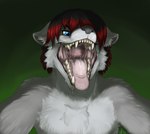 anthro anthro_pred biped bodily_fluids cheek_tuft chest_tuft dripping drooling ears_down eyebrows facial_tuft fangs first_person_view front_view fur gaping_mouth glistening glistening_eyes grabbing grin hair hungry imminent_vore inner_ear_fluff looking_at_viewer male male_pred mouth_shot nude open_mouth pivoted_ears saliva saliva_drip saliva_on_tongue saliva_string sharp_teeth short_hair simple_background smile solo teeth throat tongue tongue_out tuft vore acidic ian_naxieas canid canine canis mammal wolf 2014 absurd_res bust_portrait colored digital_media_(artwork) hi_res portrait shaded