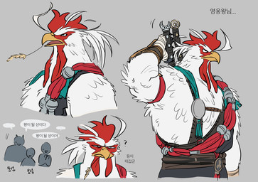 anthro beak feathers grey_background group male muscular muscular_anthro muscular_male simple_background solo solo_focus text white_body white_feathers yellow_beak beccwtwt project_windless avian bird chicken galliform phasianid rekon_(project_windless) 2026 absurd_res hi_res korean_text translated