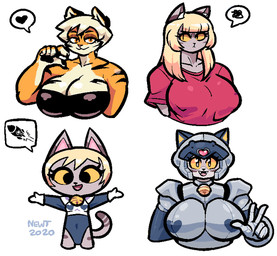 alternate_form alternate_hairstyle anthro armor bell big_breasts blonde_hair breasts cleavage clothed clothing cross-eyed female fur gesture grey_body grey_fur hair hand_gesture heart_symbol long_hair looking_at_viewer nipple_outline orange_body orange_eyes orange_fur red_clothing red_shirt red_topwear rocket shirt smile smiling_at_viewer solo speech_bubble topwear v_sign yellow_sclera newtype_hero paula_(newtype_hero) domestic_cat felid feline felis mammal pantherine robot_anthro tiger 2020