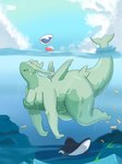 anthro big_breasts breasts eyelashes female fish_tail floppy_ears green_body green_eyes green_scales huge_breasts lop_ears macro naturally_censored open_mouth scales sea solo swimming thick_thighs underwater water wide_hips megamor marine 3:4 hi_res