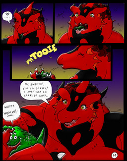 anthro big_breasts body_size_growth breasts duo extreme_size_difference female giga growth_lines heart_symbol huge_breasts macro male muscular muscular_female muscular_male onomatopoeia size_difference size_transformation sound_effects speech_bubble spikes spikes_(anatomy) spitting_out text transformation dnapalmhead redsaber third-party_edit mythology dragon mythological_creature mythological_scalie scalie comic english_text