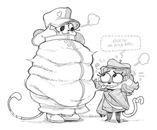 ambiguous_gender anthro blush blush_lines bonnet clothing conductor_hat dialogue duo flustered footwear hair headgear headwear heart_symbol morbidly_obese morbidly_obese_ambiguous obese obese_ambiguous overweight overweight_ambiguous shoes speech_bubble standing stuttering tail text topwear vest pearkidart great_god_grove limbolane_games capochin_(great_god_grove) inspekta_(great_god_grove) ambiguous_species deity humanoid 2025 digital_drawing_(artwork) digital_media_(artwork) english_text hi_res monochrome