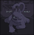 anthro black_border blue_eyes border dark_room duo fur gesture glowing glowing_eyes grey_body grey_fur hair lying male neck_tuft night nipples on_another on_another's_belly on_front paws pointy_ears purple_body purple_fur question smile solo tail tail_gesture tail_heart text tuft vexedcalyx gregory_(vexedcalyx) samuel_(vexedcalyx) humanoid mammal colored digital_drawing_(artwork) digital_media_(artwork) english_text shaded