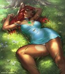 anthro auburn_hair breasts brown_body brown_fur camel_toe clothed clothing collar countershading dress eyes_closed female flower fur gem grass hair light long_hair lying on_back open_mouth plant red_hair solo sunlight teal_clothing teal_dress text tree underwear white_clothing white_underwear levelviolet opal_(jellydoeopal) bear mammal sun_bear ursine 2021 digital_media_(artwork) shaded url