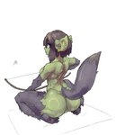 absurd_res animal_humanoid back_muscles big_butt black_hair bow_(weapon) breasts butt canid canine digital_media_(artwork) ear_piercing ear_ring female fur genitals giavanna_(saulthefurry) goblin green_body green_skin grey_body grey_fur hair hi_res humanoid humanoid_pointy_ears looking_at_viewer mammal muscular muscular_female nude pawpads piercing purple_eyes pussy ranged_weapon ring_piercing short_hair short_stack simple_background sintet6 sitting solo tail target weapon