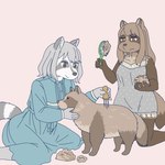 anthro brush clothed clothing duo female hairbrush kemono sculpting shedding ekaki510 canid canine mammal procyonid raccoon raccoon_dog tanuki 1:1