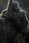 anthro blaidd_(elden_ring) canid canine canis dopq elden_ring fromsoftware fur hi_res male mammal melee_weapon muscular muscular_anthro muscular_male purple_eyes scar solo sword weapon wolf