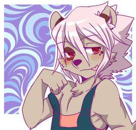 anthro bedroom_eyes black_nose blush border brown_body brown_fur cheek_tuft chest_tuft clothed clothing eyebrow_through_hair eyebrows facial_tuft fur fur_markings grey_body grey_fur hair half-closed_eyes inner_ear_fluff male markings multicolored_body multicolored_fur narrowed_eyes overalls pattern_background red_eyes seductive shota simple_background smile solo spots tongue tongue_out translucent translucent_hair tuft two_tone_body two_tone_fur undressing white_border white_hair young young_anthro young_male saku1saya kita_(saku1saya) mammal mustelid otter 2015