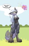 anthro black_nose breasts chest_tuft clothed clothing dress duo female fur grey_body grey_fur hair outside tuft white_hair yellow_eyes tempestryder lyca_(tempestryder) canid canine canis fairy mammal wolf