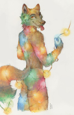 anthro blep brown_body brown_fur clothed clothing fur looking_at_viewer male orange_eyes red_tongue simple_background solo standing string_lights tongue tongue_out topless white_background akatan_art canid canine mammal 2024 dated hi_res portrait signature three-quarter_portrait traditional_media_(artwork)