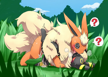 ? ambiguous_gender black_fur blush canine cloud cum cum_on_leg cum_on_tail drooling eeveelution feral feral_on_feral flareon fluffy fur furukara grass lying male mammal missionary_position nintendo on_back orange_fur pokémon red_eyes saliva sex tears tongue umbreon video_games
Rating: Explicit
Score: 20
User: Constellation
Date: January 31, 2014