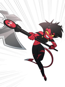 axe clothed clothing cloven_hooves female fingers holding_axe holding_object hooves horn not_furry simple_background solo spade_tail tail teeth tooth_gap white_background enaic31 hellaverse helluva_boss millie_(helluva_boss) demon demon_humanoid humanoid imp 2026 absurd_res digital_media_(artwork) hi_res