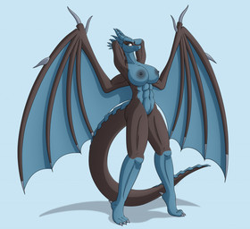 3_toes abs anthro big_breasts black_nipples blue_body blue_eyes blue_horn blue_wings breasts claws feet female genitals grey_claws horn innie_vulva multicolored_body muscular muscular_anthro muscular_female navel nipples non-mammal_breasts non-mammal_navel non-mammal_nipples solo standing tail toes vulva wings s7v8 mythology dragon mythological_creature mythological_scalie scalie shaded