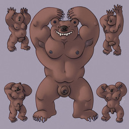 anthro armpit_showing black_nose brown_glans brown_nipples caricature claws fangs feet flaccid flexing foreskin genitals glans group humanoid_feet male muscular muscular_male nipples pecs penis plantigrade silly silly_face simple_background slightly_chubby slightly_chubby_male teeth ravuer bear brown_bear mammal ursine 1:1 hi_res