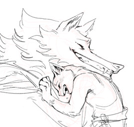 affectionate anthro belt blush blush_lines bodily_fluids clenched_teeth cloak clothed clothing crying duo eyes_closed fangs female fist fluffy grin happy hug interspecies larger_anthro larger_male love male male/female pointy_ears poncho prick_ears romantic romantic_couple sharp_fangs sharp_teeth simple_background size_difference smaller_anthro smaller_female smile tears tears_of_joy teeth white_background scribbleshanks dreamworks puss_in_boots_(franchise) death_(puss_in_boots) kitty_softpaws canid canine canis domestic_cat felid feline felis mammal wolf sketch
