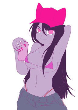 anthro bikini bikini_top bottomwear breasts clothing denim denim_bottomwear denim_clothing female hair hat headgear headwear jeans long_hair midriff nails navel navel_piercing pants piercing solo swimwear triangle_bikini two-piece_swimsuit murr_vampire felid feline mammal absurd_res hi_res
