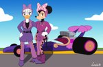 accessory alternate_universe anthro black_clothing bow_ribbon checkered clothing duo female hair_accessory hair_bow hair_ribbon looking_at_viewer pink_clothing purple_clothing race_car racing_suit racing_uniform ribbons snapdragon_(racecar) kinkypeach disney ducktales ducktales_(2017) daisy_duck minnie_mouse anatid anseriform avian bird duck mammal mouse murid murine rodent hi_res