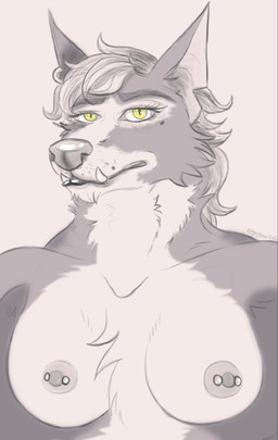 anthro big_breasts breasts chest_tuft ear_piercing ear_ring eyelashes female fur glistening glistening_eyes glistening_nose grey_body grey_fur grey_nose hair nipple_piercing nipples piercing ring_piercing short_hair simple_background snaggle_teeth snaggle_tooth solo tuft underbite white_background yellow_eyes gaypaw mythology canid canine mammal mythological_canine mythological_creature werecanid werecanine werecreature werewolf 2022 hi_res portrait shaded sketch