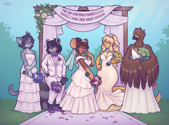anthro apode beak blonde_hair blue_eyewear blue_glasses bodily_fluids bottomwear bow_tie breasts brown_body brown_feathers brown_fur brown_hair clothing day dress eyes_closed eyewear feathers female flower footwear fur glasses grass group hair hair_bun hand_in_pocket holding_flower holding_object legless open_mouth outside pants plant pockets serpentine shoes smile standing suit sweat sweatdrop tail text wedding_dress whiskers keffotin mice_tea felicia_banks gavin_van_der_valk julie_lin margaret_de_campos sylvia_drake avian bird domestic_cat draconcopode felid feline felis mammal mouse murid murine naga procyonid raccoon rodent 2022 digital_media_(artwork) english_text hi_res trans_(lore) trans_woman_(lore)