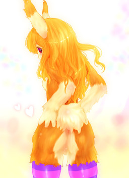 anthro blonde_hair blush breasts butt clothing female hair legwear looking_at_viewer looking_back looking_back_at_viewer red_eyes simple_background solo stockings tetetor-oort lagomorph leporid mammal rabbit 2015 hi_res