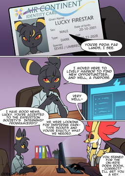 ambiguous_gender anthro anthrofied black_body black_ears black_fur black_text chair computer desk dialogue duo electronics fur furniture id_card male red_eyes table text odeko-yma nintendo pokemon pokemon_legends_z-a pokemon_mystery_dungeon spike_chunsoft alexandra_(odeko-yma) lucky_(odeko-yma) eeveelution generation_2_pokemon generation_9_pokemon mega_delphox mega_evolution pokemon_(species) umbreon 2025 absurd_res comic english_text hi_res
