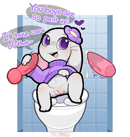 animal_genitalia animal_penis anthro biped blush bodily_fluids border canine_genitalia canine_penis clothed clothing clothing_lift cum cum_drip cum_on_penis dialogue disembodied_penis dripping erection eyelashes female flower_accessory freckled_face freckles genital_fluids genitals group handjob heart_symbol knot knotted_penis long_eyelashes male male/female motion_lines navel open_mouth open_smile penile penis presenting presenting_vulva purple_eyes sex shirt shirt_lift sitting sitting_on_toilet smile solo_focus speech_bubble sweater text tile tile_wall toilet topwear trio vulva wall_(structure) whiskers white_border young fairyfudge lantha lagomorph leporid mammal rabbit 2026 artist_name digital_media_(artwork) hi_res adult_(lore)