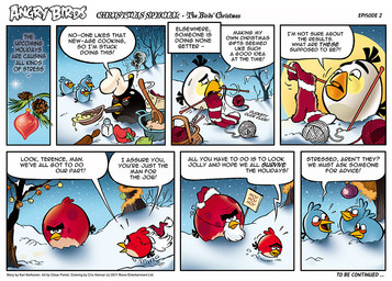 ball_of_yarn christmas_clothing christmas_headwear clothing cooking cookware dialogue fake_beard frying_pan hat headgear headwear holidays kitchen_utensils knitting needle_and_thread night santa_hat snow text thread tools winter yarn cesar_ferioli angry_birds christmas rovio_entertainment sega bomb_(angry_birds) matilda_(angry_birds) red_(angry_birds) terence_(angry_birds) the_blues_(angry_birds) avian bird 2011 comic english_text official_art tagme