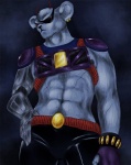 abs antennae_(anatomy) anthro armor belt biceps biped clothing ear_piercing ear_ring eye_patch eyewear fur gloves grey_body grey_fur handwear male muscular muscular_anthro muscular_male nipples notched_ear pecs piercing pose prosthetic prosthetic_arm prosthetic_limb red_eyes ring_piercing scar solo standing vein joetar biker_mice_from_mars modo_(bmfm) alien mammal mouse murid murine rodent hi_res