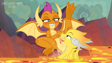 ambiguous_gender anthro anthro_on_anthro anus bite biting_lip biting_own_lip blue_eyes blush bodily_fluids canon_x_oc clitoral clitoral_hood clitoris cunnilingus dragon_land duo eye_contact feet female female/ambiguous genital_fluids genitals horn lava loli looking_at_another narrowed_eyes on_model open_mouth oral orange_body orange_scales orgasm raised_leg scales seductive self_bite sex soles spread_legs spread_wings spreading steam tail teal_eyes tongue tongue_out vaginal vaginal_fluids vulva wings yellow_body yellow_scales young young_anthro young_female metalhead97 friendship_is_magic hasbro my_little_pony mythology scribe_scales smolder_(mlp) dragon mythological_creature mythological_scalie scalie 16:9 2023 absurd_res digital_media_(artwork) hi_res widescreen