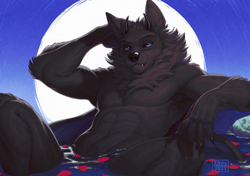 anthro black_claws black_horn black_nose blue_eyes claws fangs finger_claws glistening glistening_eyes grey_body horn looking_at_viewer male mouth_closed navel nude partially_submerged solo teeth text azuza canid canine canis hybrid mammal wolf 2023 artist_name dated